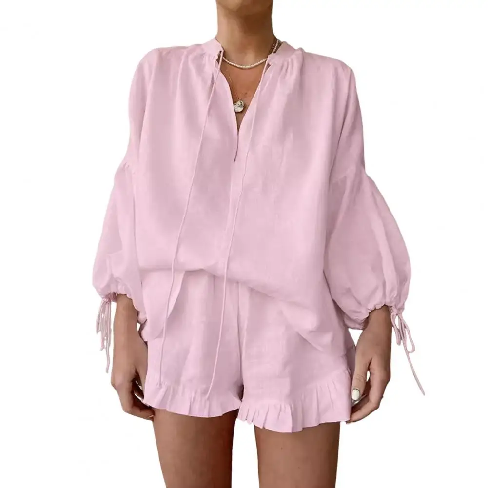 White Women\'s Summer Suit with Shorts Cotton Loose Shirt Casual Two Piece Set Women Long Sleeve Top Muslin Suit for Women