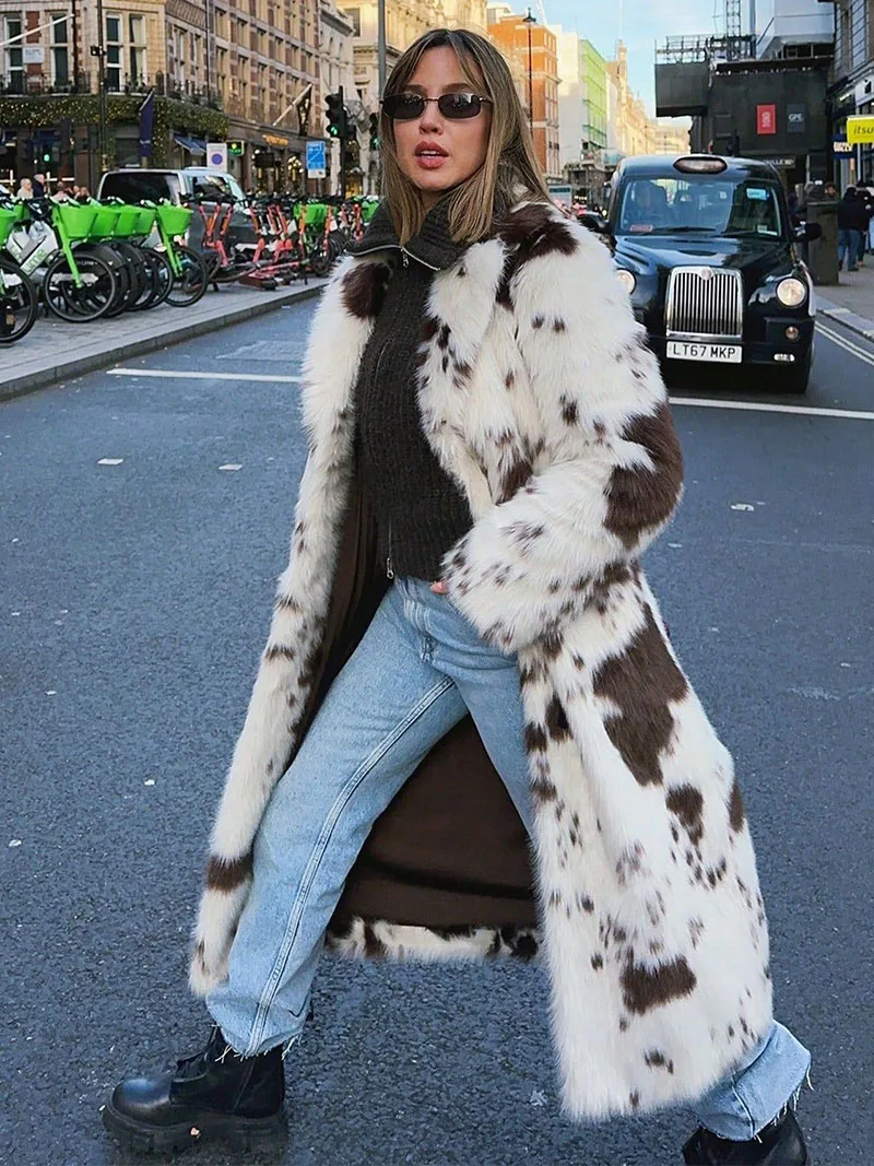 

ZADORIN Luxury Cow Print Long Fluffy Faux Fur Coat Woman Belted Thicken Fur Faux Coats Fur Jackets For Woman Clothing Outerwears