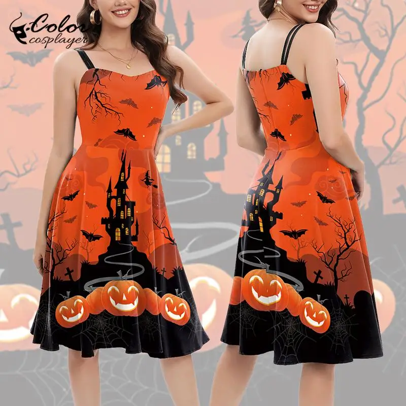 

Color Cosplayer Orange Slip Dress Women Pumpkin Bat Pattern Dress Up Halloween Cospaly Costume Gothic Witch Robe Party Outfit