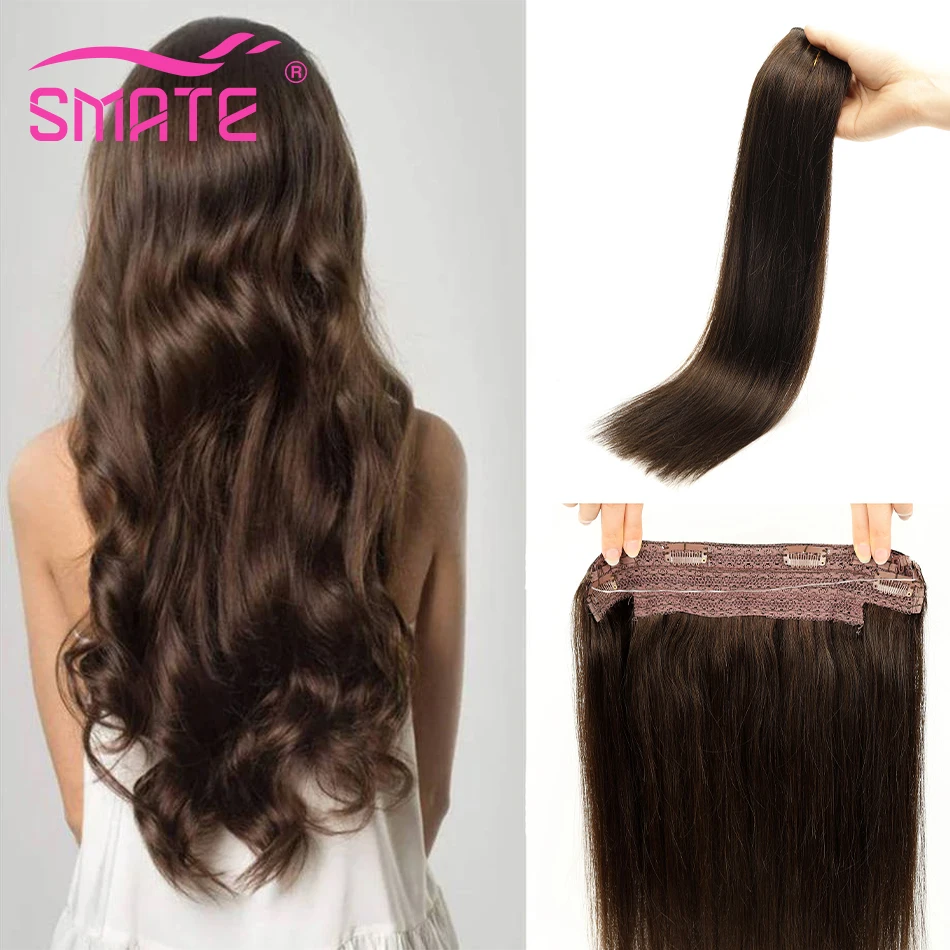 SMATE Wire in Hair Extensions Human Hair Straight Natural Human Hair One Piece Fish Line Clips Weft in Hair Extensions 14“-24”