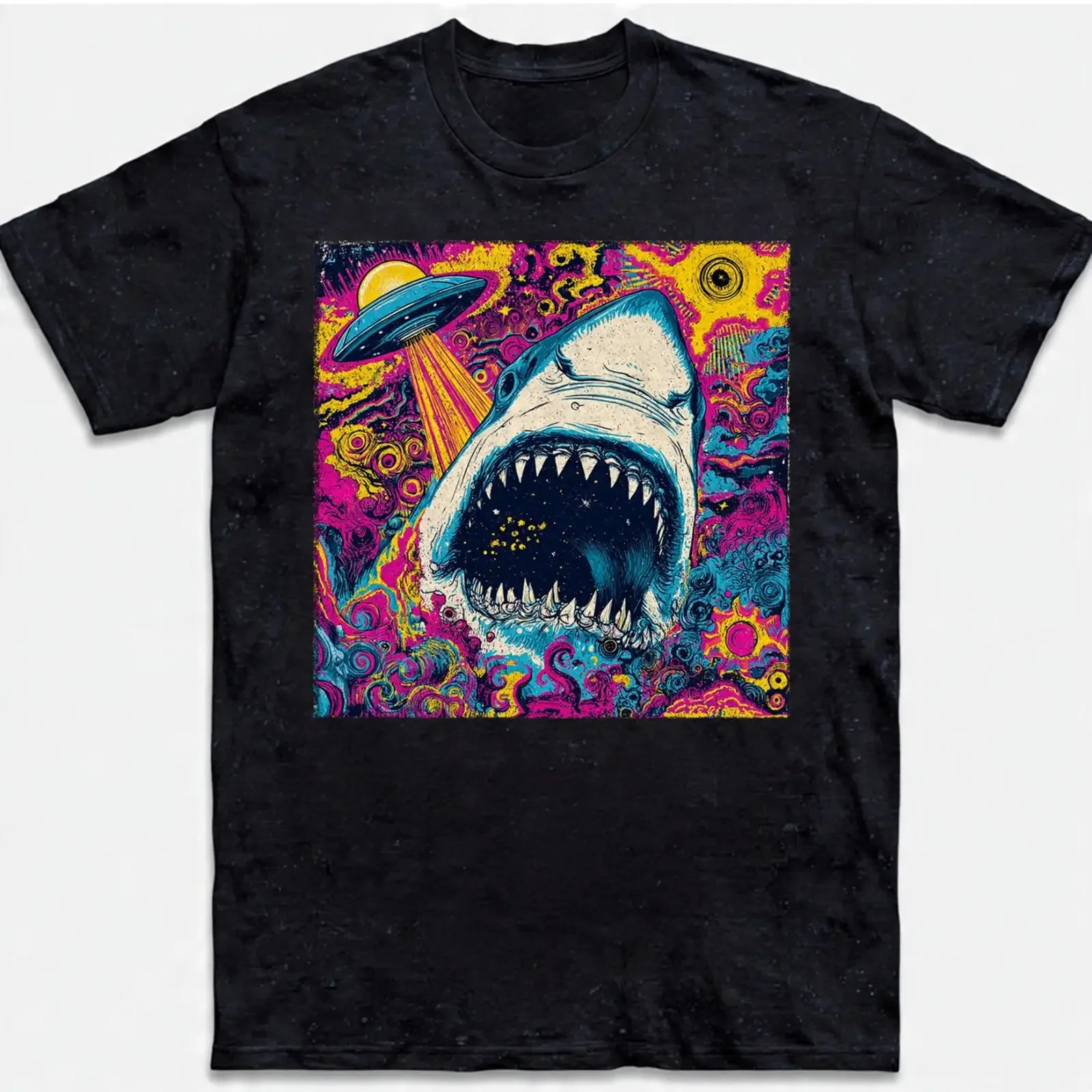 Trippy Space Shark T Shirt Alien UFO Abduction Galaxy Mouth Colorful Art vintage Washed Slightly Soft designer clothes fashion