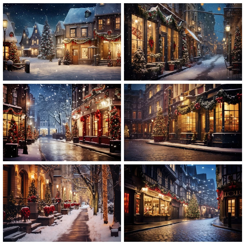 Christmas Photography Background Winter Night Snow Street Lamp Kids Family Party Portrait New Year Decor Backdrop Photo Studio