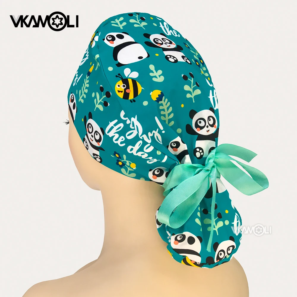 Cute Panda Print Medical Hat Adjustable Working Hat Ponytail Holder Tie Back Hats for Women Long Hair  Scrub hat