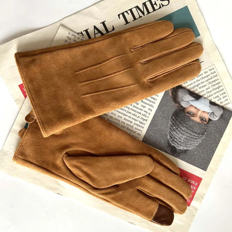 Guantes de piel de ante auténtica de alta calidad, guantes con pantalla táctil para mujer, guantes de piel de oveja, guantes gruesos y cálidos de color marrón para mujer, manoplas cálidas de lana