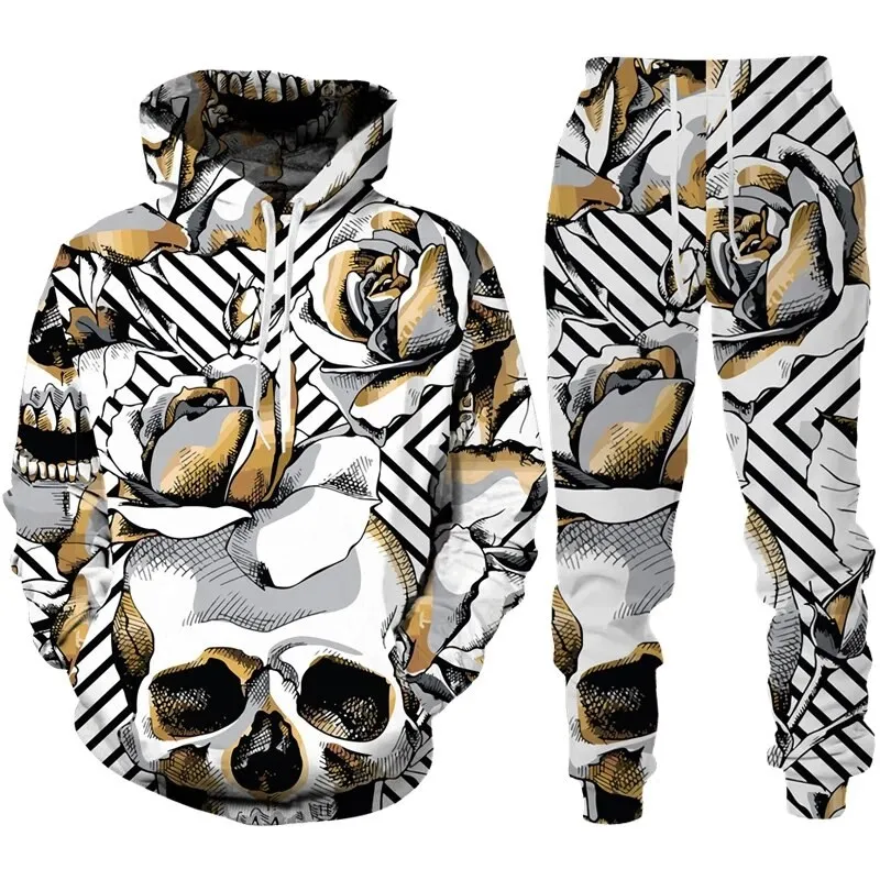 Autumn Floral Skull 3D Printed Hoodie Suit Men Sweatshirts Sweatpants Casual Fashion Two Piece Tracksuit Set Men\'s Clothing