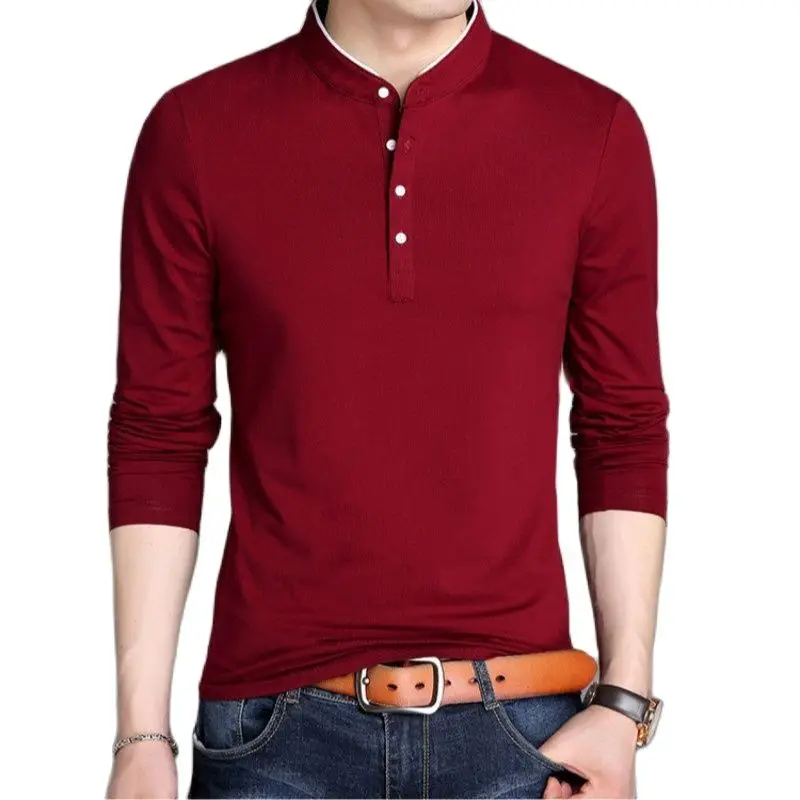 Camisetas de manga larga para hombre, jerséis de algodón con cuello levantado y medio botones, Tops informales lisos, camisetas finas cómodas de