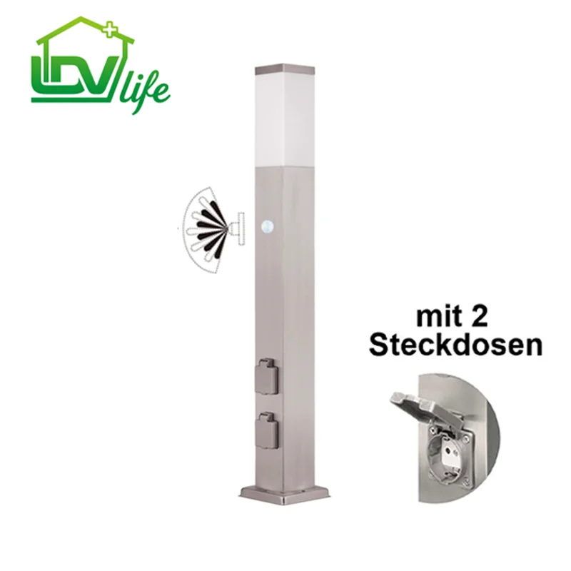 Lampadaire extérieur avec détecteur de mouvement |     Lampe de poteau extérieure avec douille E27 |     Avec 2 prises 16A 3680W |     Ip 44 (Acier inoxydable, 80 cm)