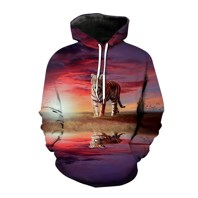 New Men Fashion Animal 3d Graphic Tiger Print Landscape/science Fiction Hoodies Fashion Casual Long Sleeved Pullover Sweats