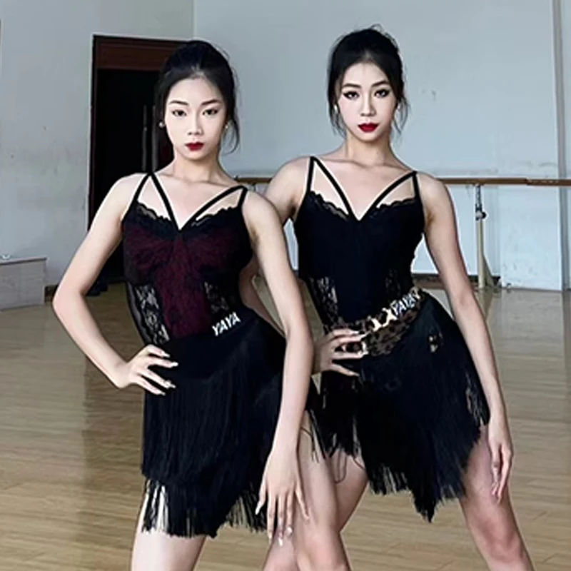 2024 Latin Dance Clothes Lace Suspender Tops Fringe Skirt Adult Women Cha Cha Rumba Samba Salsa Dance Practice Clothing DNV21177