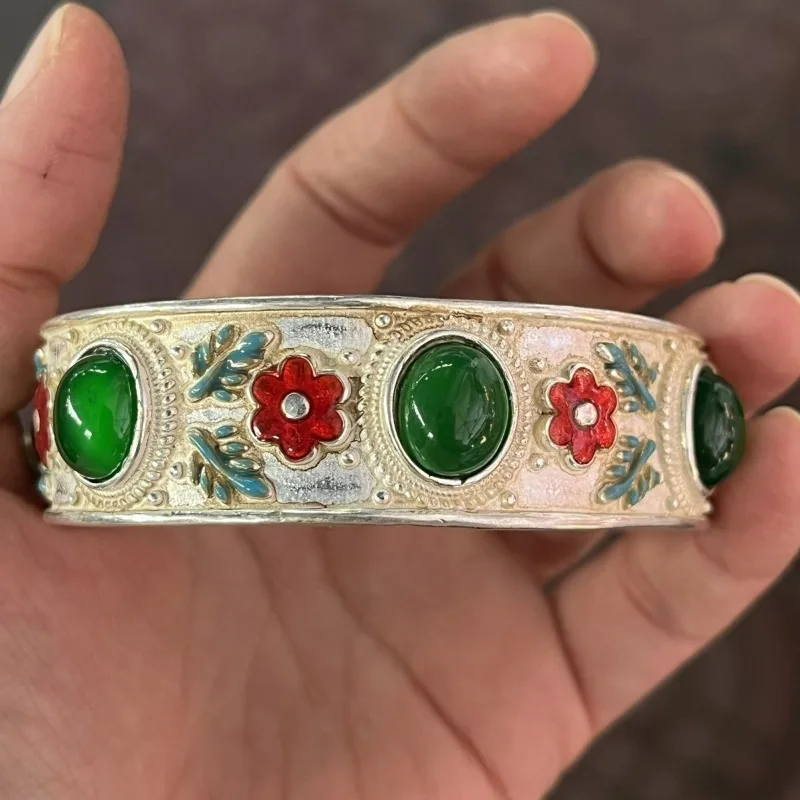 Antique‑Style Gilt Open Bangle, Filigree Craft Inlaid Red & Green Gems Vintage Collectible Ethnic Wrist Jewelry