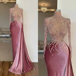 Shining Evening Dresses Appliques Sequins Beads Illusion Pearls Pleat Gown High Neck Prom Dress Vestido De Noite Customized