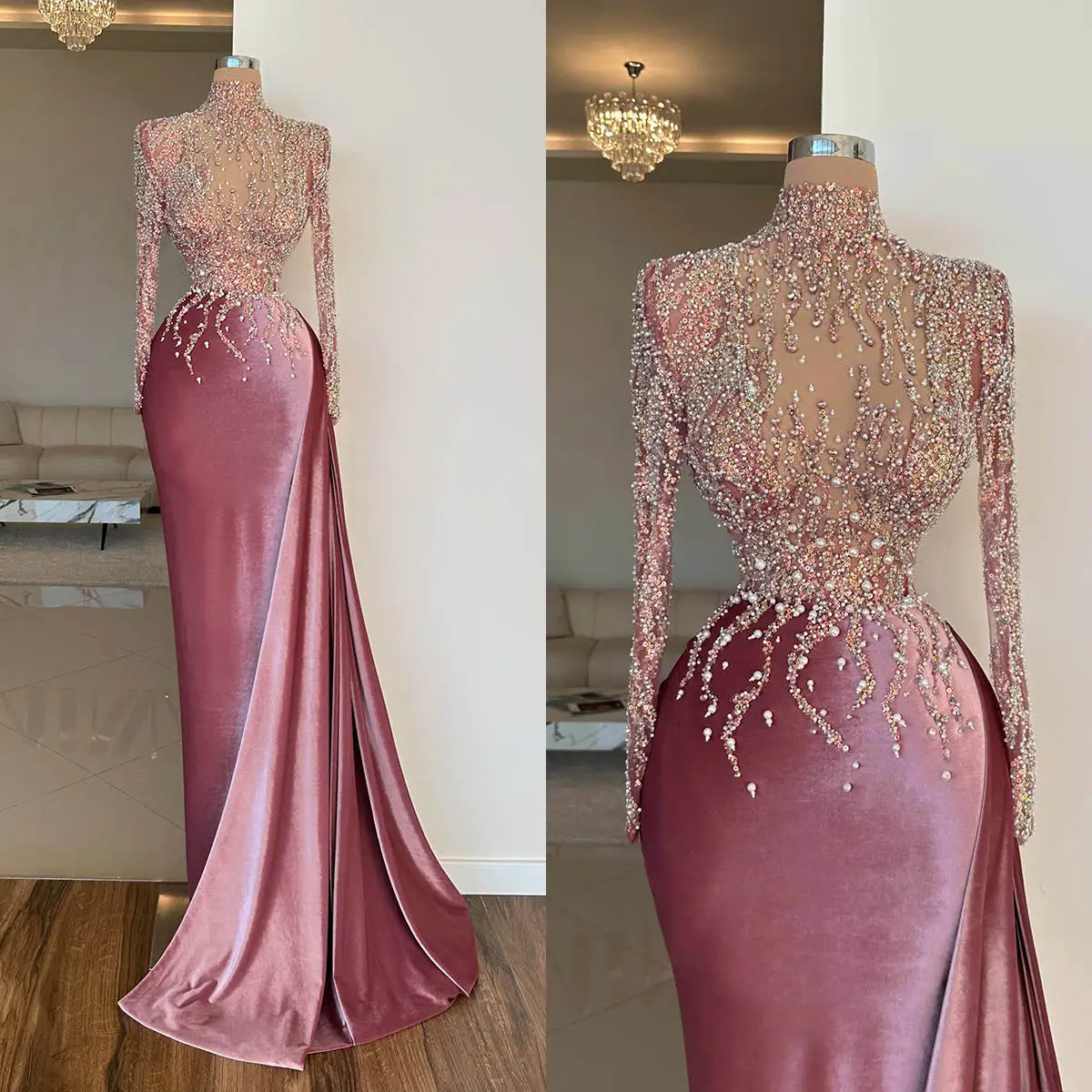 Błyszczące suknie wieczorowe aplikacje cekiny koraliki Illusion perły zakładka suknia na szyję sukienka na studniówkę Vestido De Noite dostosowane