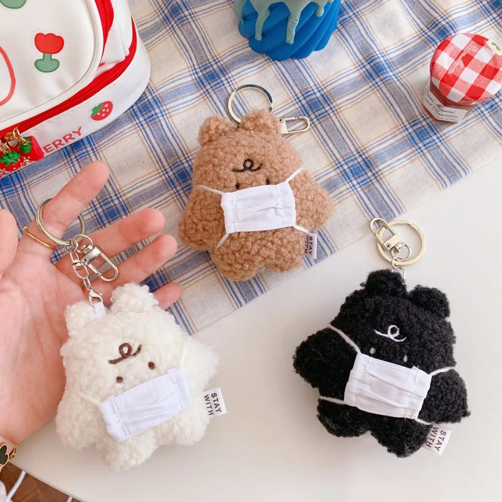 Korea Trendy Soft Stuffed Plush Cartoon Animals Kawaii Keychain Style Bear with Mask Schoolbag Pendant Car Key Ring Accessories