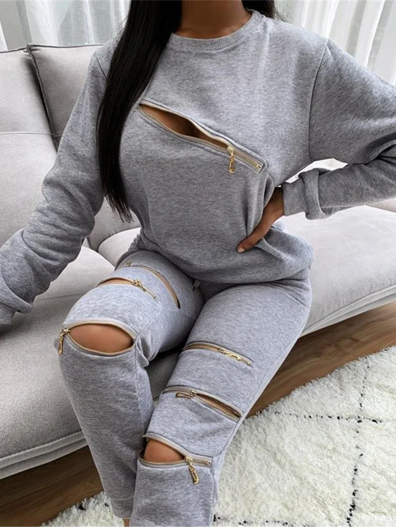 Autumn Tracksuit Women Two Piece Set Zipper Holes Long Sleeve Sweatshirt Top and Pants Sports Jogging Suit Female Matching Sets