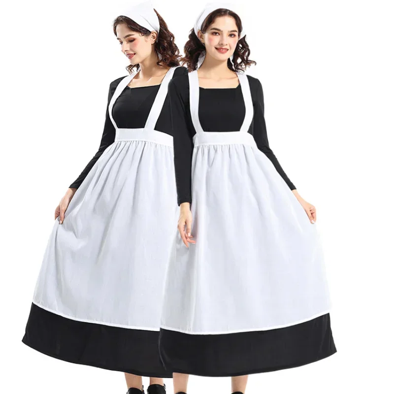 RT01 Costume di Halloween, vestito da cameriera del maniero francese femminile adulto, costume cosplay da cameriera di Cenerentola con temperamento retrò in tinta unita * JK2