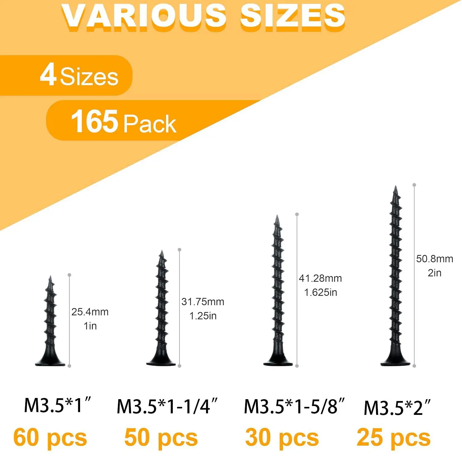 165PCS M3.5 Black Phillips Wood Screws Set, Flat Head Self-Tapping Screw Assortment Kit with Assorted Sizes for DIY Carpentry