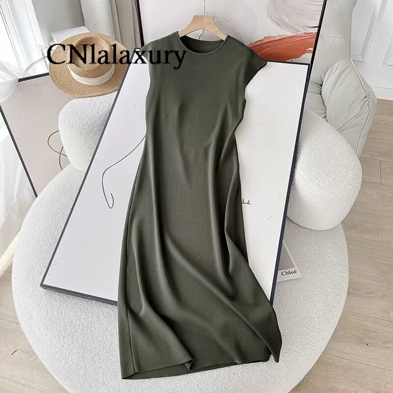 CNlaalxury Women 2024 Spring Summer New Fashion Knitted Dress Chic Round Neck Slim Sleeveless Casual Robe Dress Vestidos Mujer