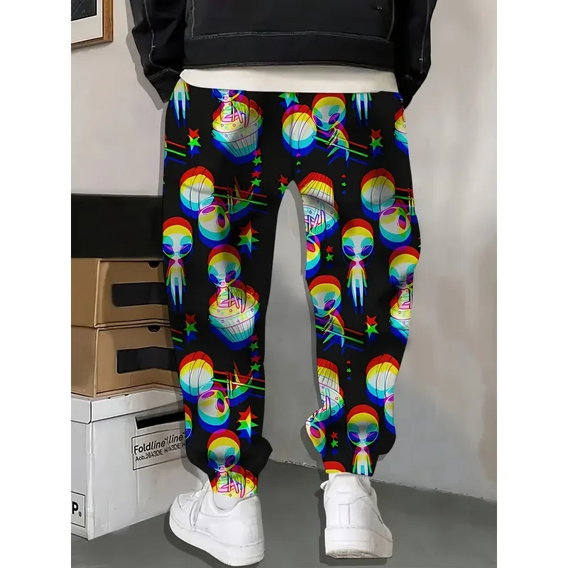 2026 Men 3D Colorful Alien Print Sports Pants Drawstring Pocket Casual Comfortable Trousers Home Pajama Fashion Streetwear
