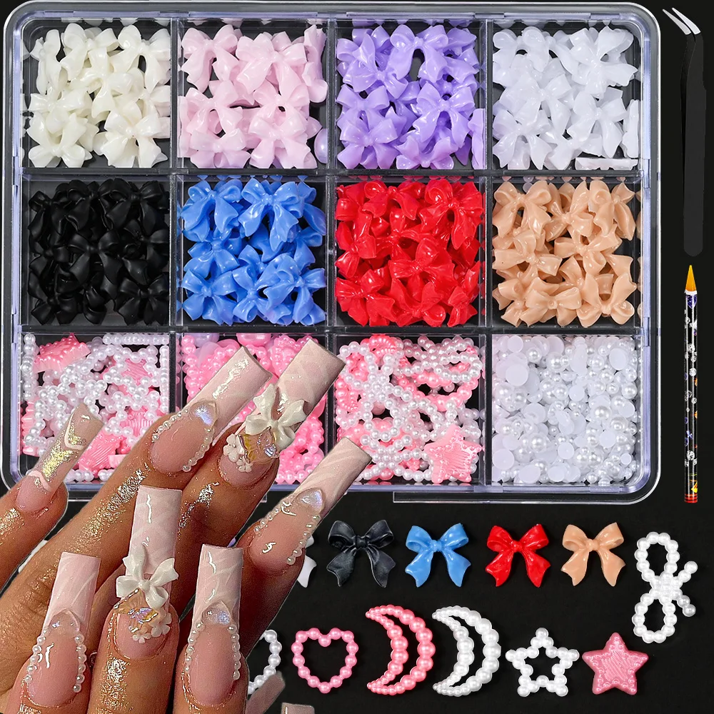 12grid/box Mixed Bow Ribbon Nail Art Resin Charms Five-petal Flower Hollowed Out Pearl Set Jewelry DIY Nail Art Accessories *##