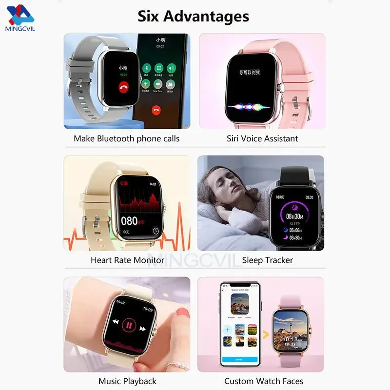 MINGCVIL 스포츠 스마트 워치 피트니스 시계, 건강 모니터, 방수 스마트워치, 무선 통화 시계, 샤오미 IOS 남녀공용
