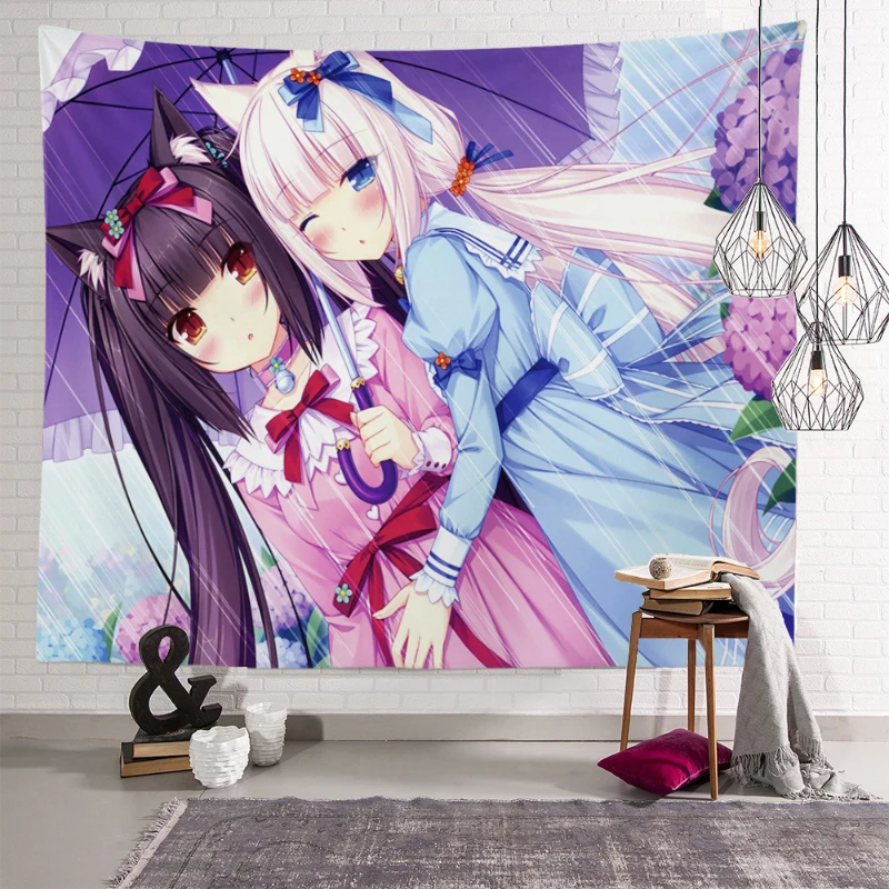 VIKAMA Cat's Paradise Chocolate Vanilla Tapestry, Anime Girl Wall Hanging, Kawaii Aesthetic Decor for Bedroom Dorm Home