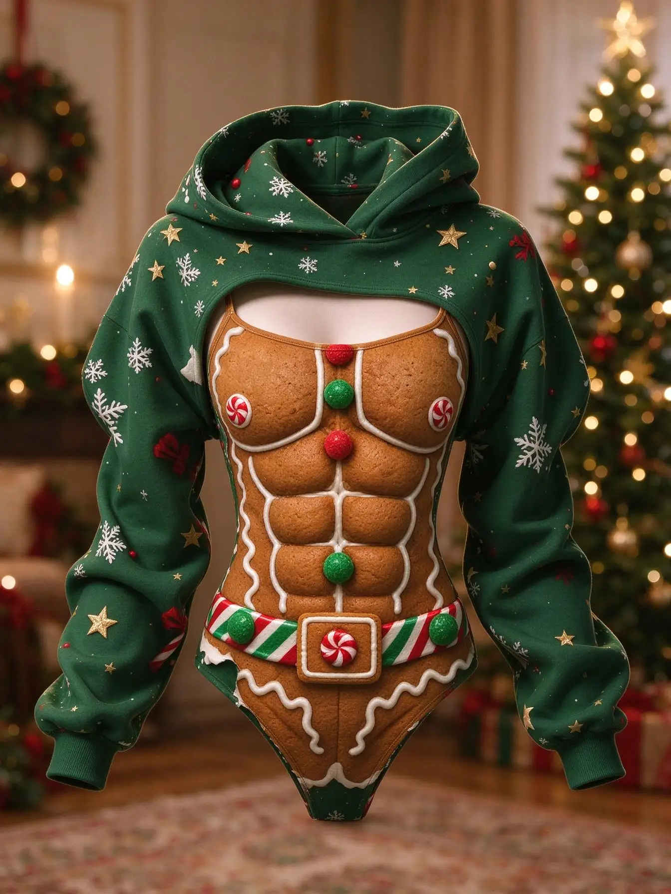 Women Christmas Gingerbread Man Print 2Pcs Outfit, Long Sleeve Hooded Shrug & Slim Cutout Bodysuit Set