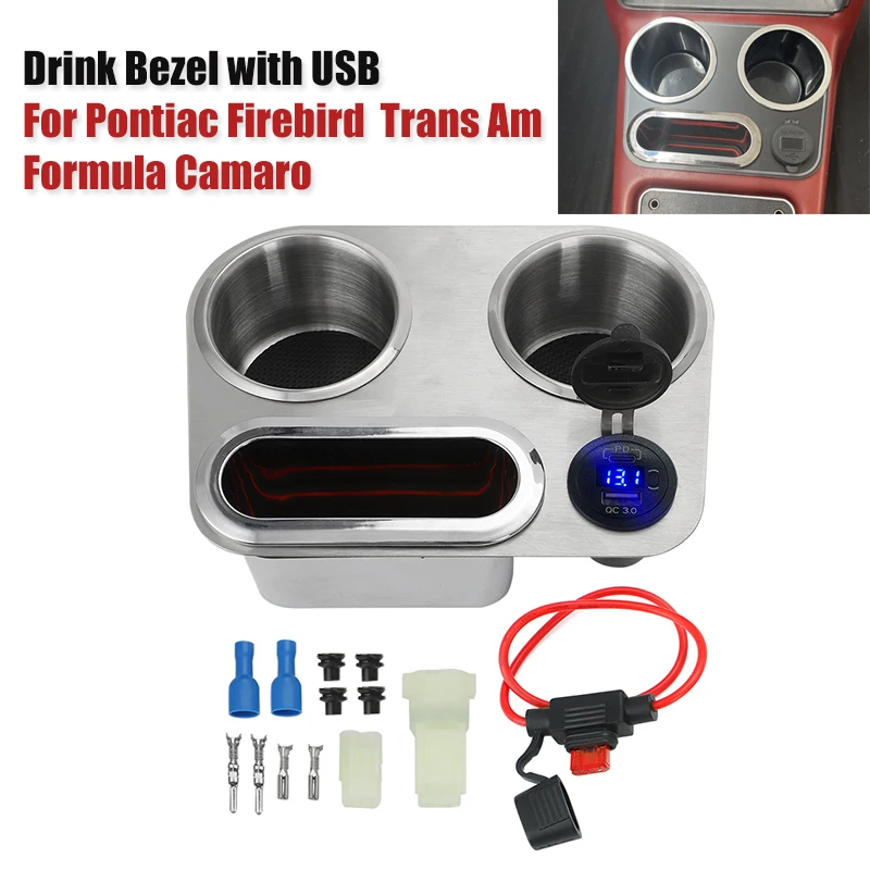 Car Center Console Drink Bezel With USB Charger Phone Cup For 1971-1981 Pontiac Firebird Trans Am Formula Camaro Voltage Reading