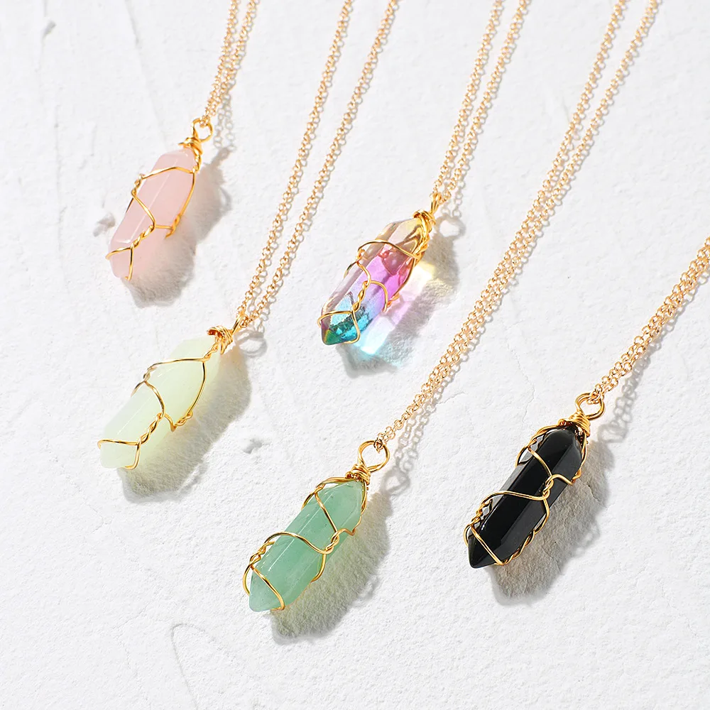 Natural stone color crystal hexagon necklace for women retro simple powder crystal clavicle chain accessories jewelry for women