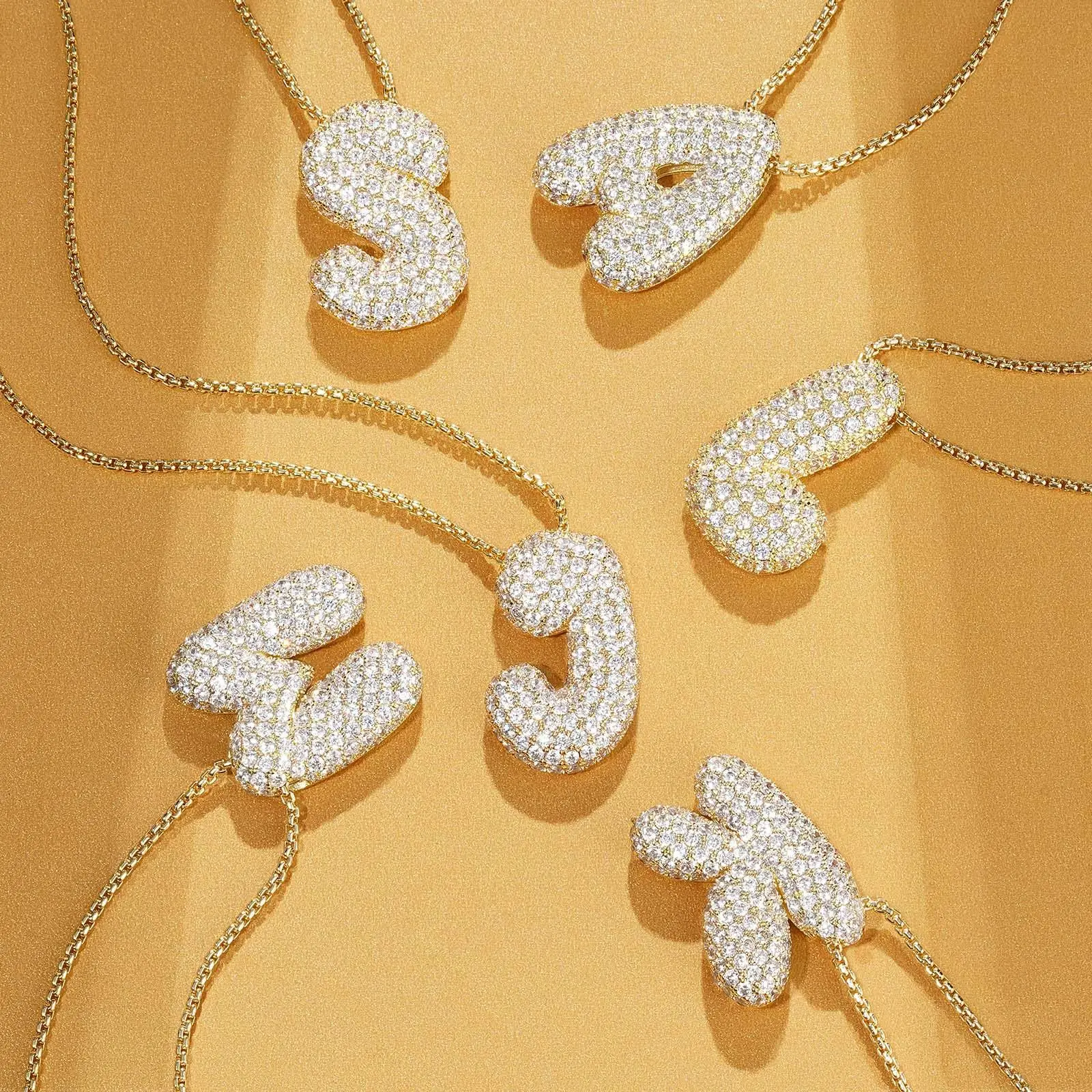 Balloon Bubble Letter Initial Necklace Box Chain Gold Plated Sparkly CZ Zircon A-Z Pendant Neckalces Jewelry Gift for Women