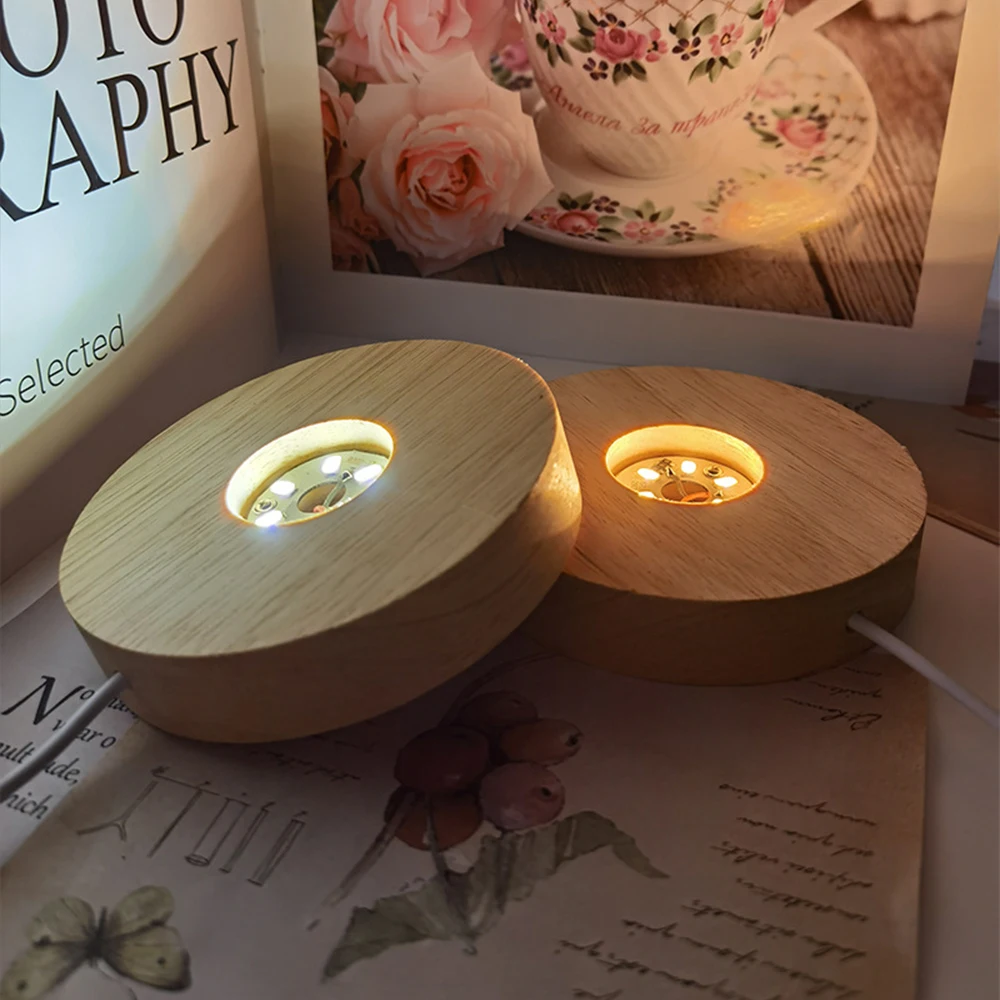 1 Pcs 10 CM LED Light Resin Display Base Art Deco Wooden Night Light Base Home LED Light Rotating Display Stand