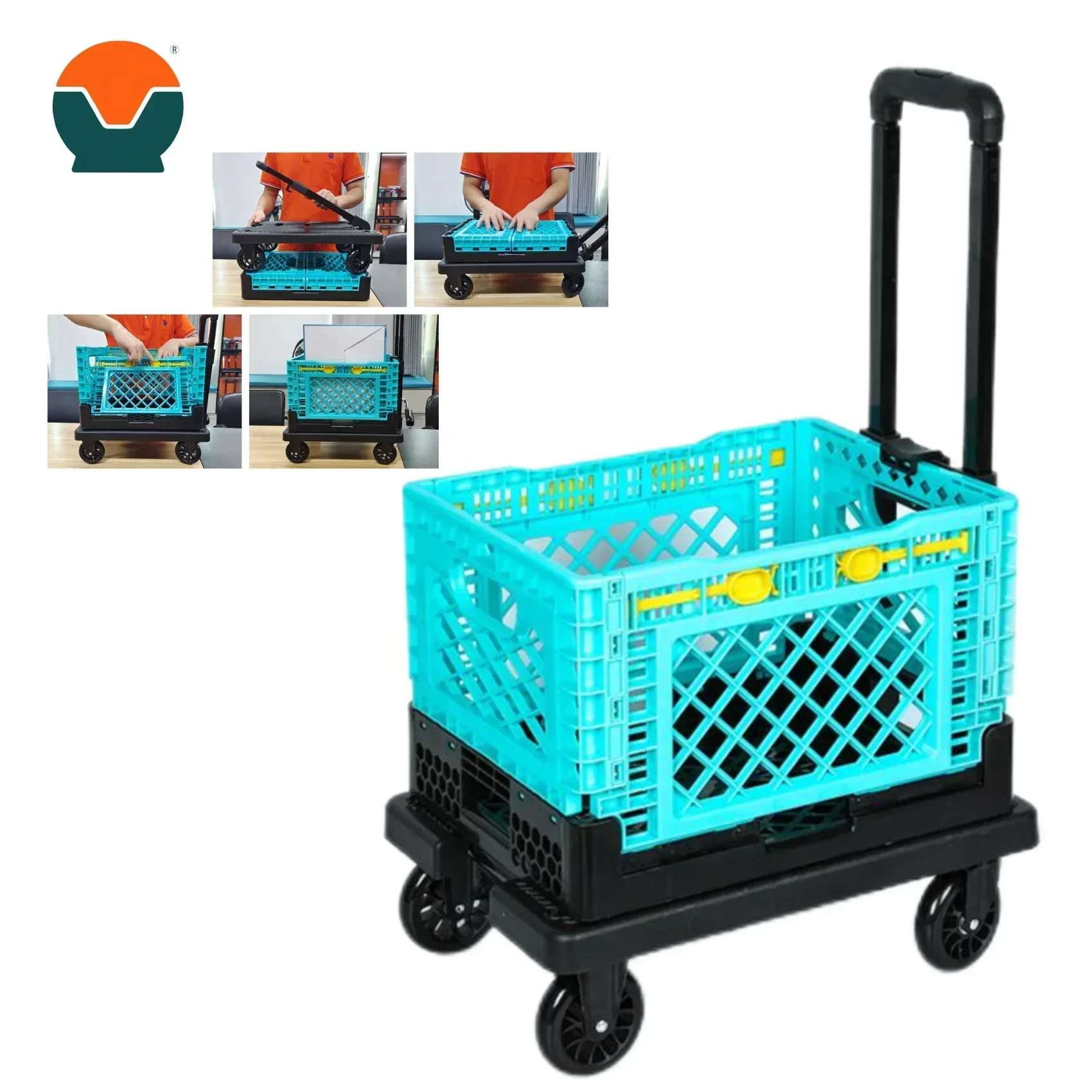 Tianyu Universal Wheels Foldable Trolley Basket Folding  Trolley Bag Shopping Detachable Plastic Custom Supermarket 4 1PCS