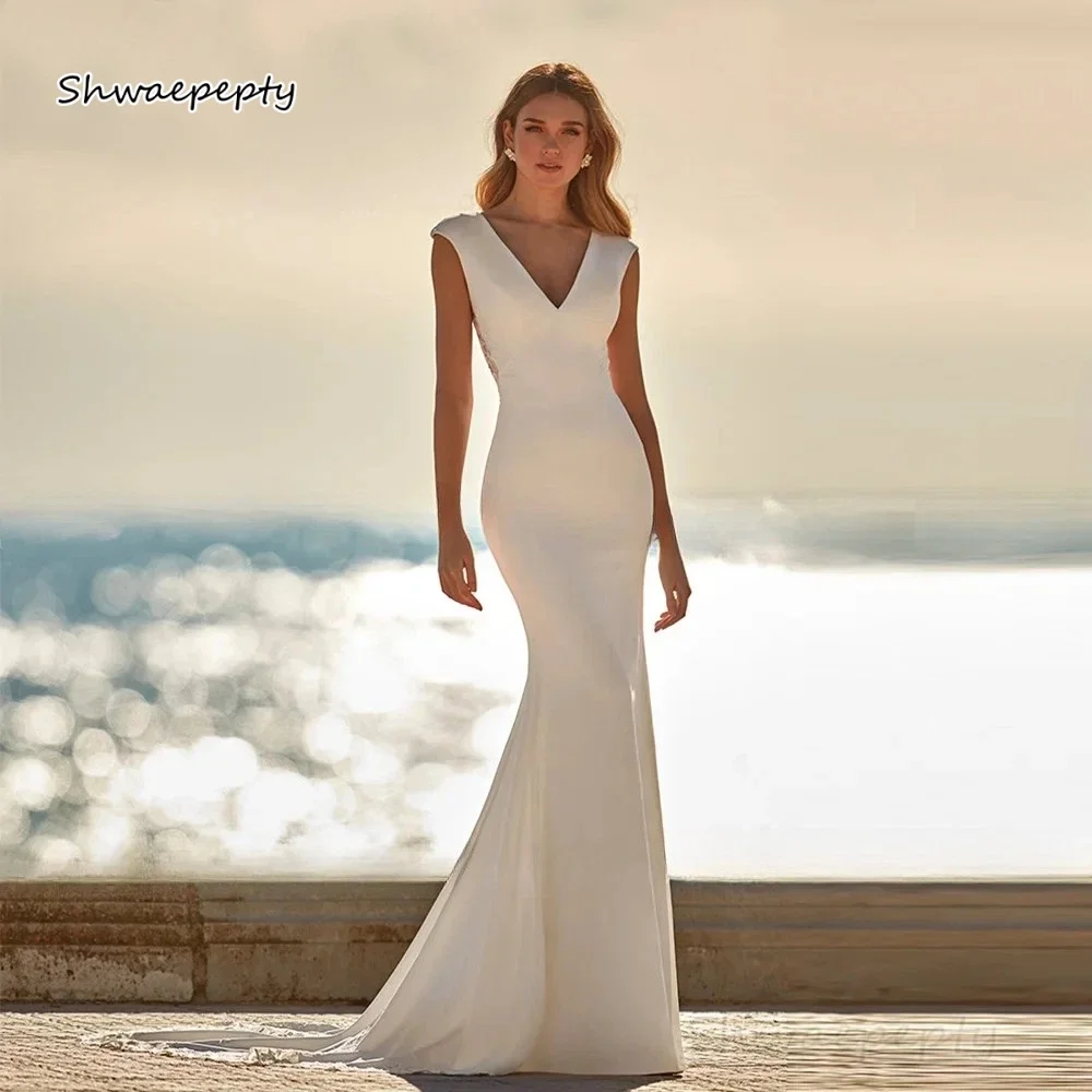 

Satin Backless Beach Mermaid Wedding Dress V-Neck Sleeveless Long Lace Appliques Boho Bridal Gown Customized