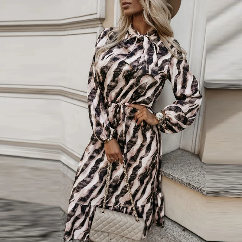 Office Elegant Striped Print Waist Long Dress 2024 Women Casual Long Sleeve Party Dress Fashion Half Open Collar Tie Maxi Dress