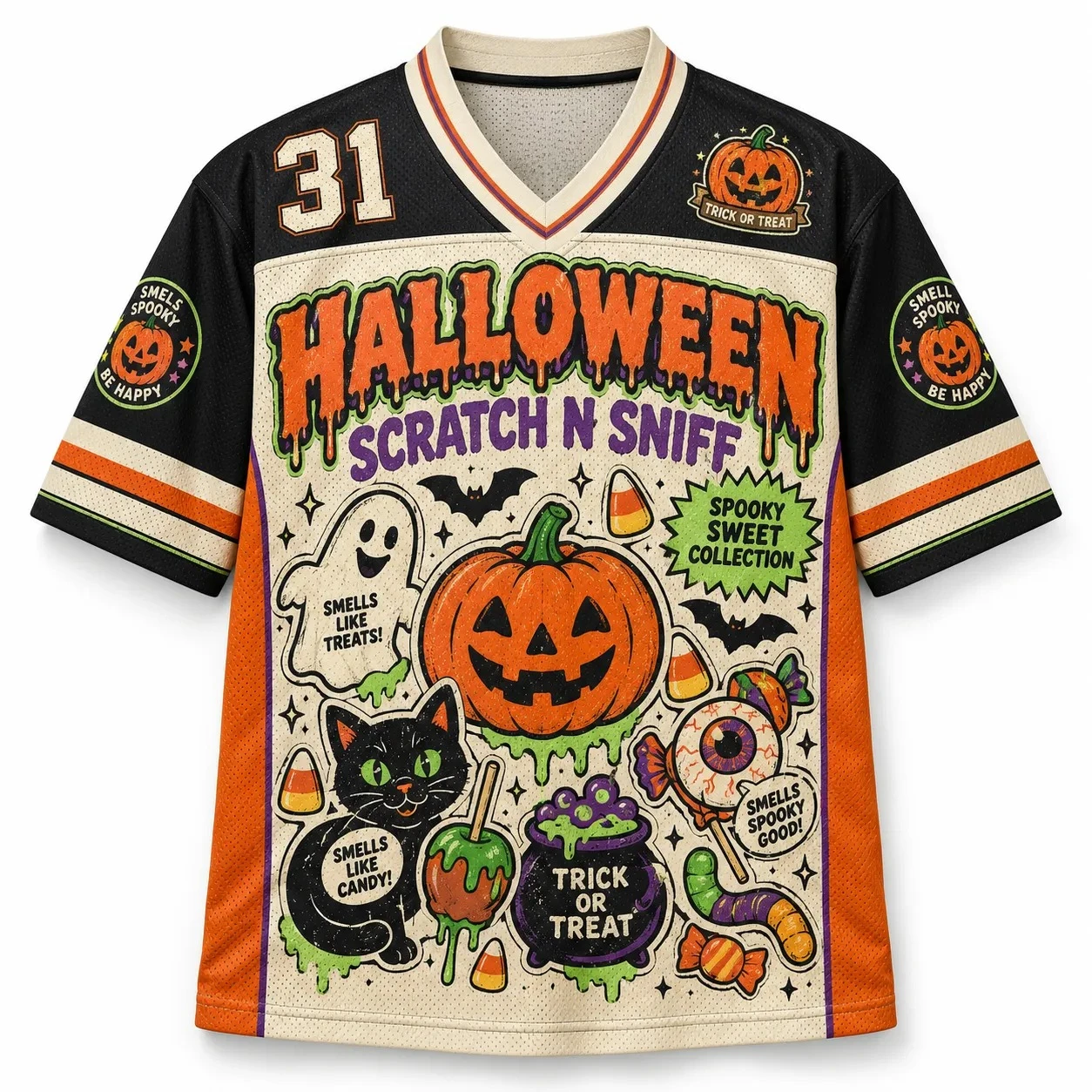 New Vintage Halloween Jersey,Jack-o'-lantern Ghost Black Cat Candy Cauldron 3D Print V-Neck Unisex Streetwear for Trick or Treat
