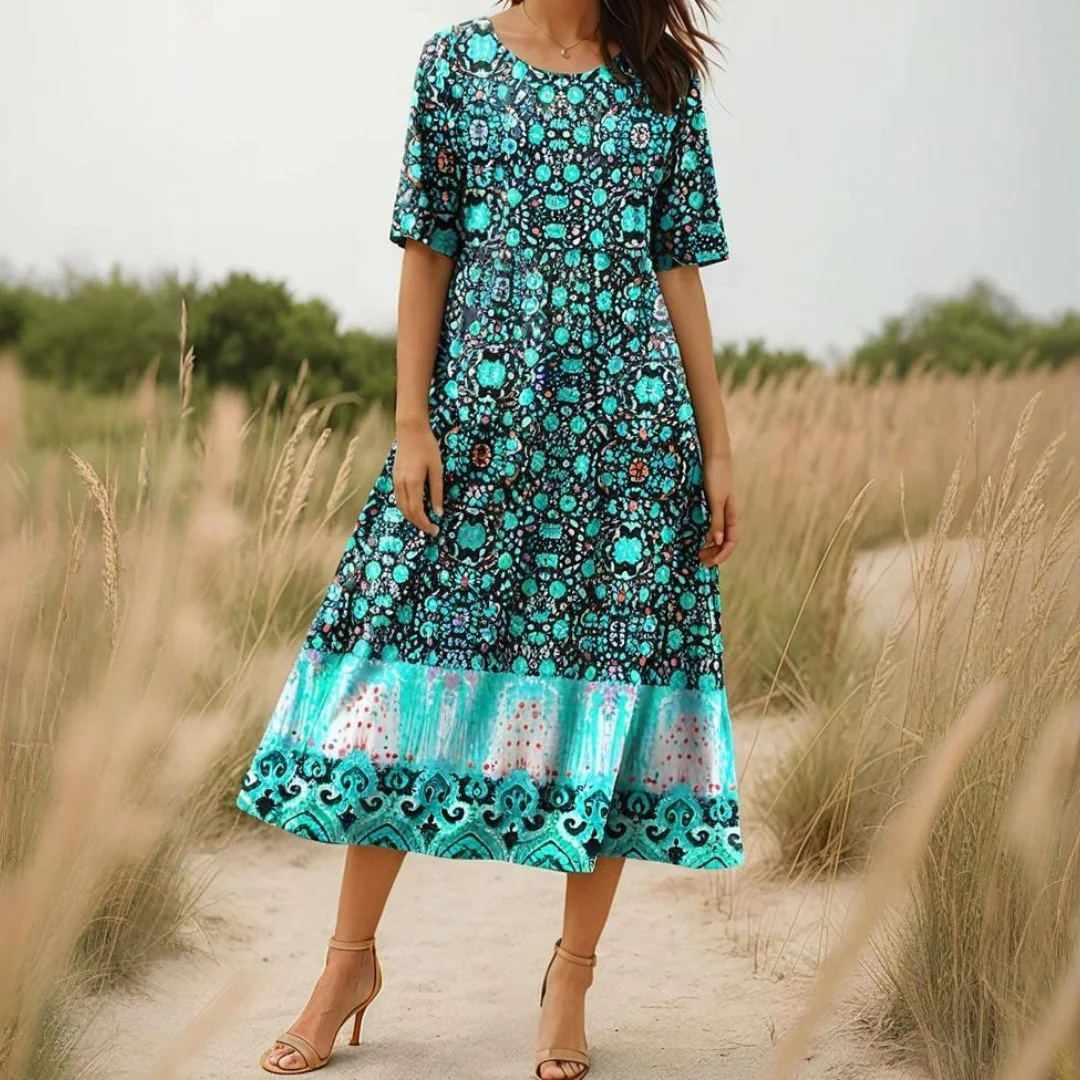 فستان نسائي برقبة دائرية على الطراز البوهيمي فستان صيفي للأماكن الخارجية بأكمام قصيرة ونمط هاراجوكو عتيق فساتين جديدة على شكل زهرة سحق