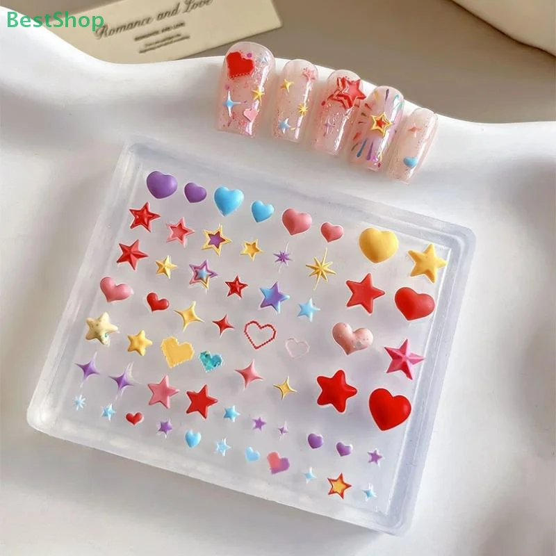 ♥ ♥ ♥ 3D 실리콘 네일 아트 몰드(오각형, 하트, 별) 릴리프 디자인 DIY 네일 장식, 클리어 매니큐어 템플릿