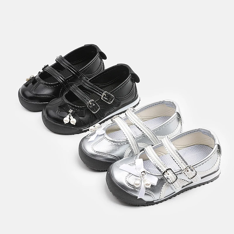 Girls Mary Jane Shoes Spring Autumn Kids Causal Shoes with Bow Pearl Sports Non-slip Breathable Children Princess Ballet Shoes