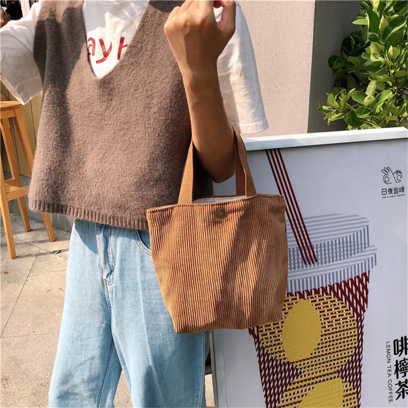 Korean Style Cute Corduroy Small Shopper Tote Bag For Woman Female Girls Mini Handbags Lunch Bags Shopping Cloth Hand Pouch Bag