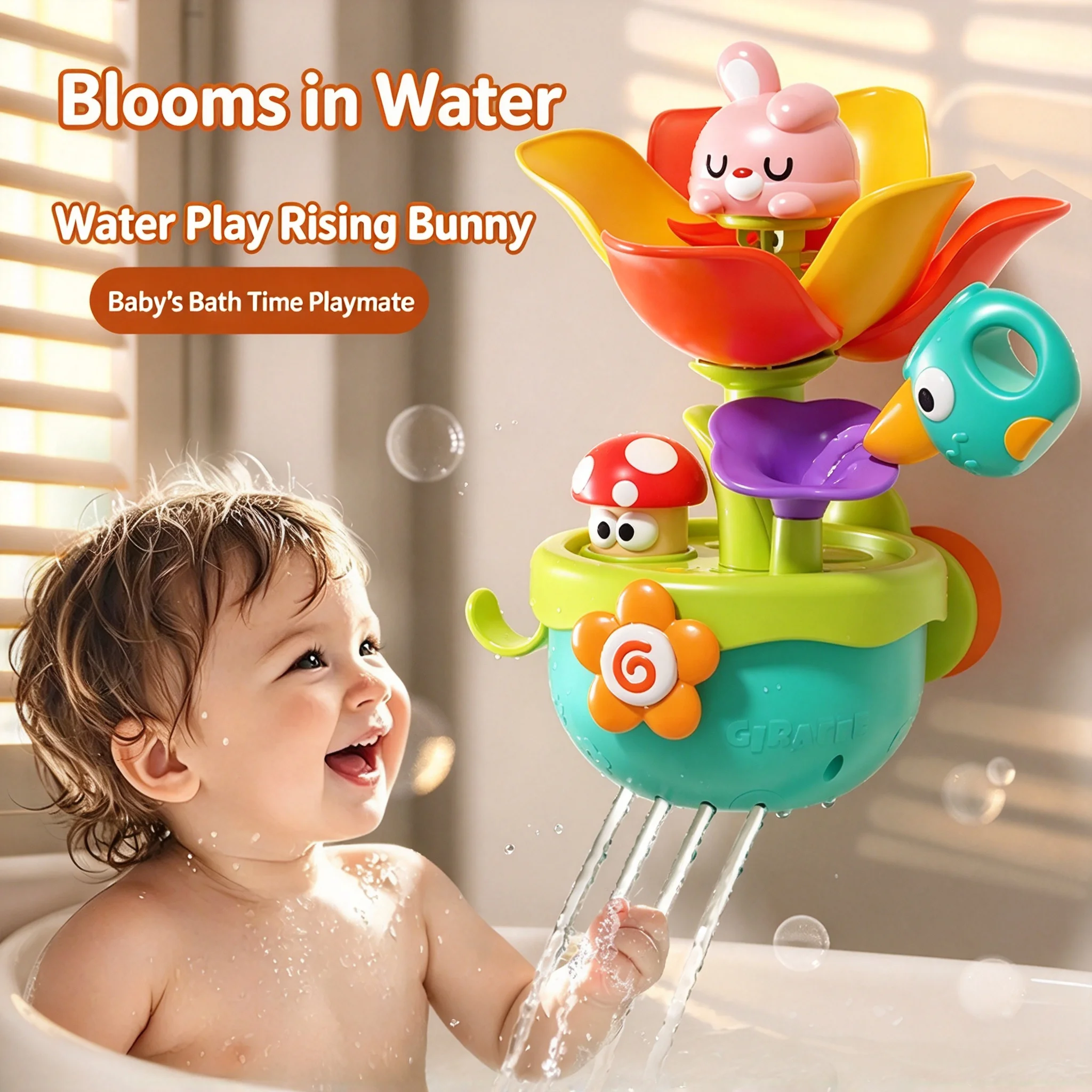 Flower Lifting Bunny Bath Sprinkler Toy, Baby Bathtub Water Spray Toy, Interactive Bath Time Toy for Toddlers Infants