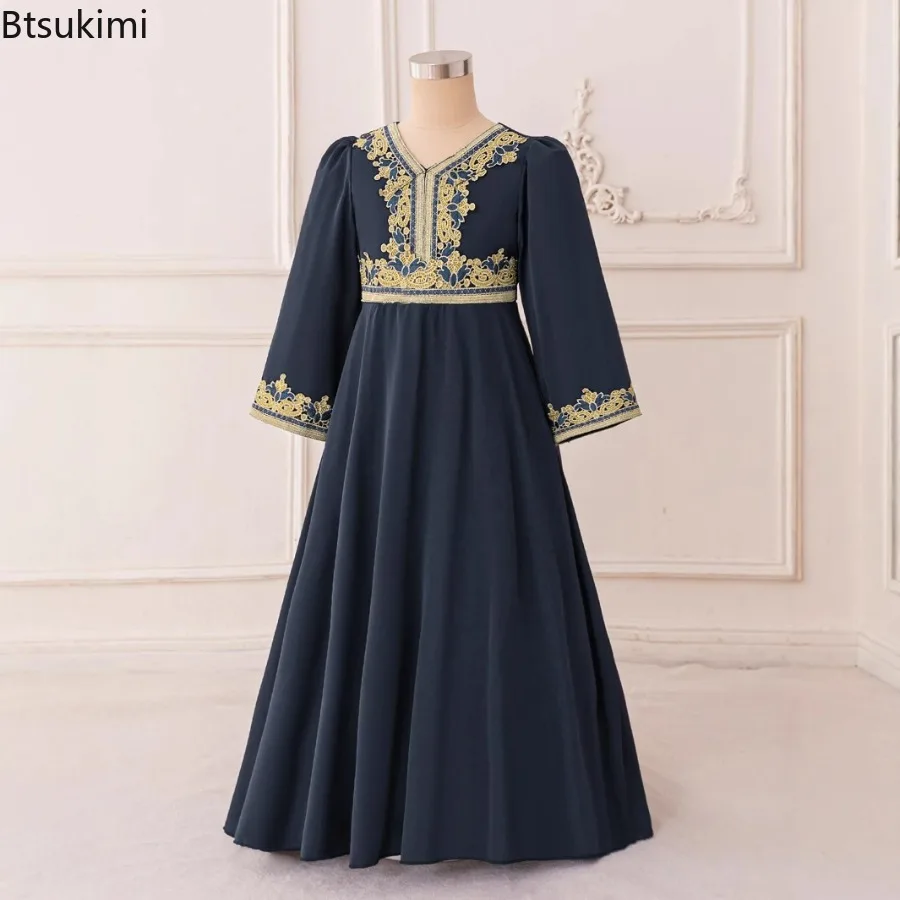 이드 무슬림 어린이 드레스 사우디 두바이 아바야 라마단 기도복 긴 소매 카프탄 아랍 이슬람 캐주얼 로브 소녀 파티 드레스