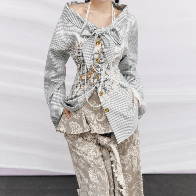 

Retro Vintage Vintage Gold Feeling Printed Shirt for Women with Detachable Collar and Checkered Pattern
