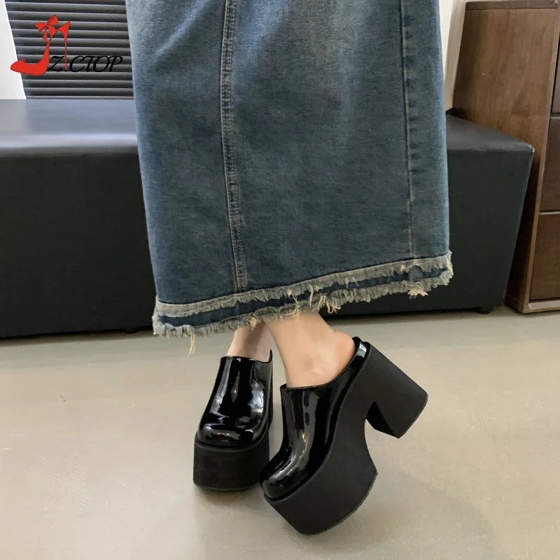 11cm Closed Toe Chunky Heeled Slippers Women Black Punk Platform Sandals Summer Super High Heels Patent Leather Ladies Shoes