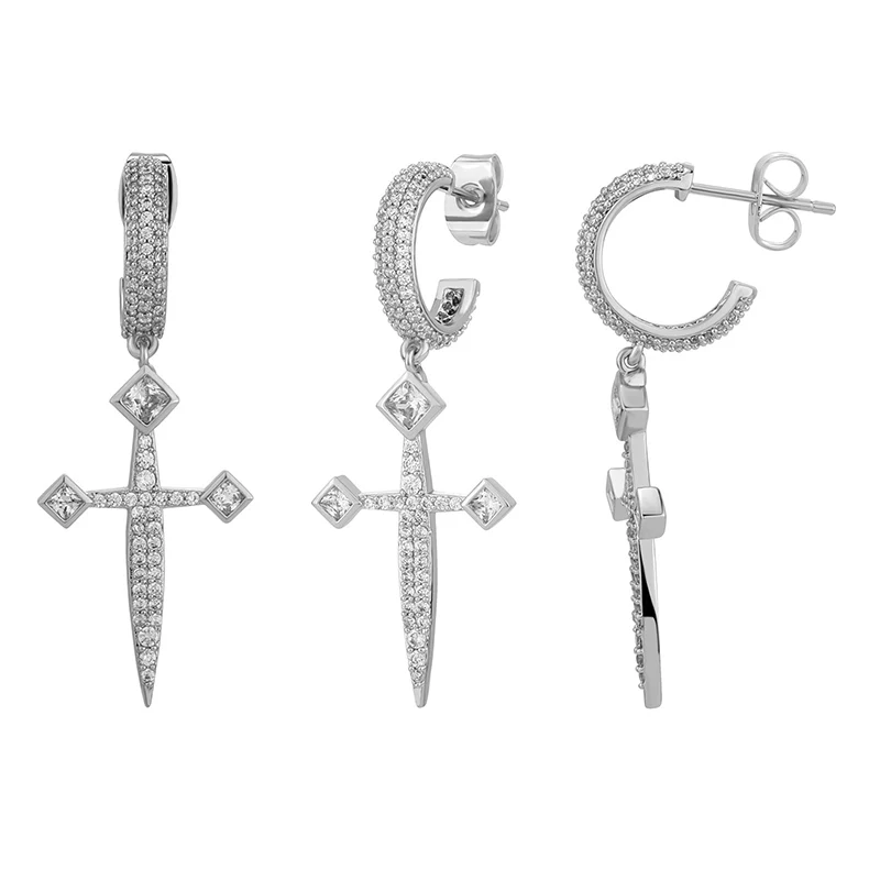 1 pair Hip Hop 3A+ CZ Stone Paved Bling Ice Out Sword Cross Drop Earrings for Men Women Unisex Rapper Jewelry Drop Shipping