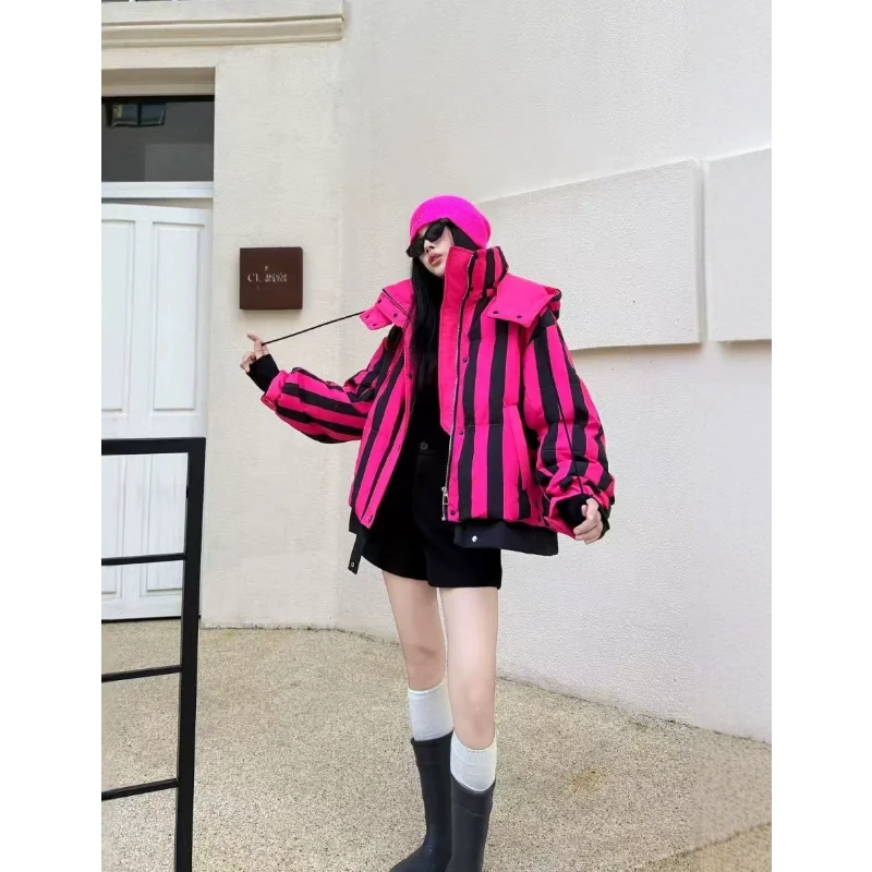 ストライプショートダウンジャケットレディースフード付きメイラードブレッドジャケット韓国人気服レディースコート