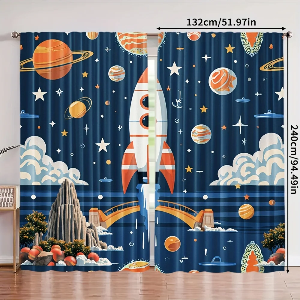 Space Themed Bohemian Curtains 2pcs Extra Large Polyester with Vibrant Planets Stars Light Filtering Machine Washable for Living
