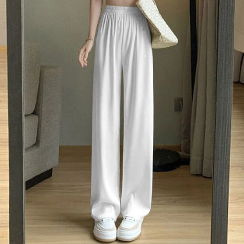 Summer Girls Thin Ice Silk Wide Leg Pants Female Casual High Waisted Straight Leg Trousers Lady Comfortable Satin Fabric Pants