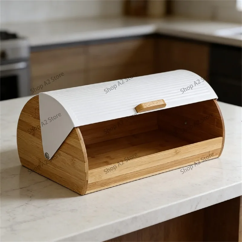 Household Metal Bread Storage Box with Bamboo Lid, Countertop Kitchen Bread Bin, Multi‑Purpose Food Container for Bread, Pastry