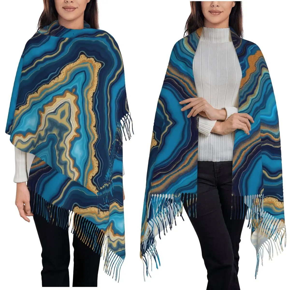 

Стильный бирюзовый синий и золотой шарф с мраморным агатом, шарфы с кисточками для женщин, теплые шали и накидки, длинная осенне-зимняя шаль, накидка