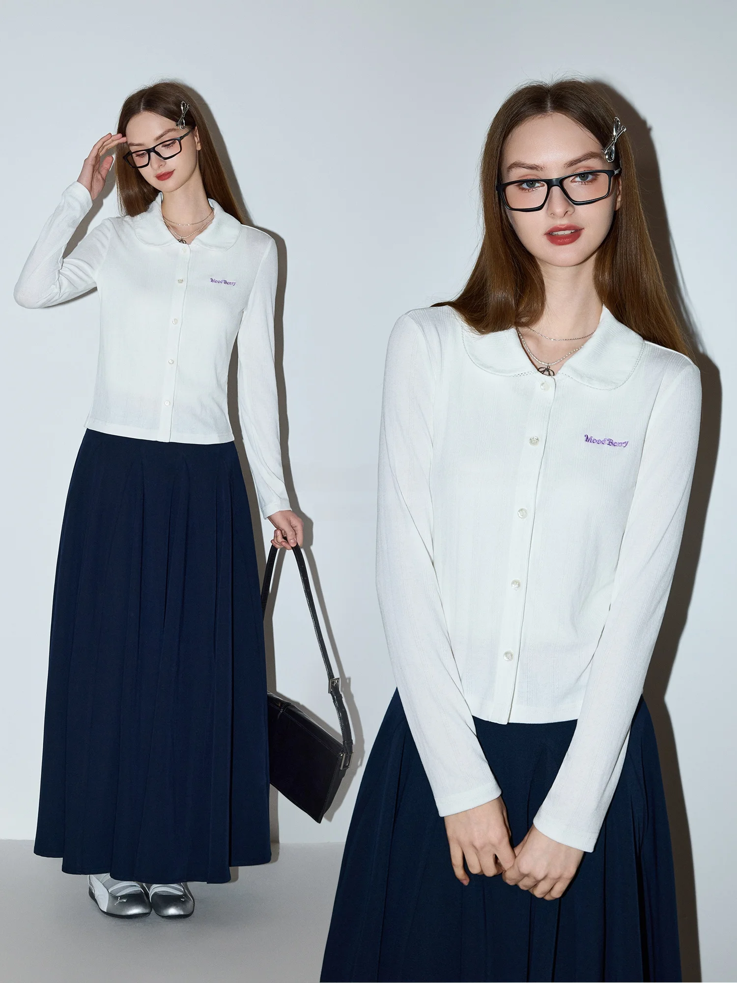 

MoodBerry American College Style Color Collar Elastic Long Sleeve Women's Shirt Casual Simple Top for Spring