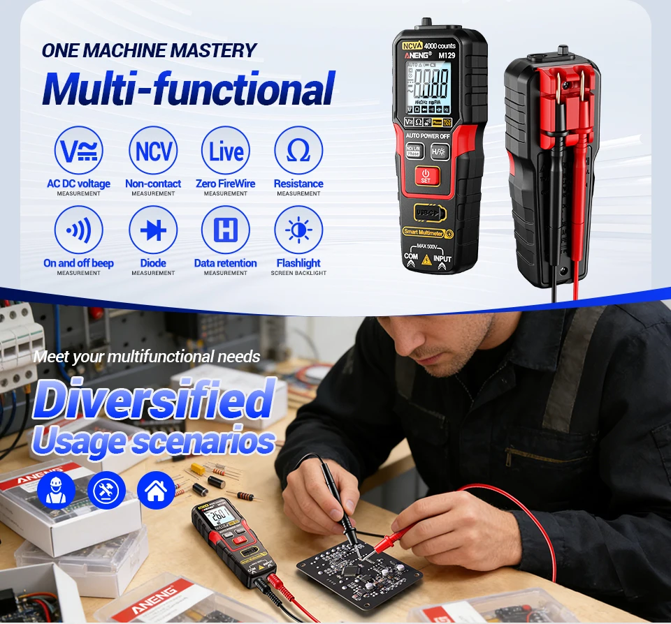ANENG M129 Wiederaufladbares Digitales Multimeter 4000 Anzeigen NCV AC DC Spannungs- und Widerstandsmessgerät mit Taschenlampe und Auto-Range-Funktion – Detail 4